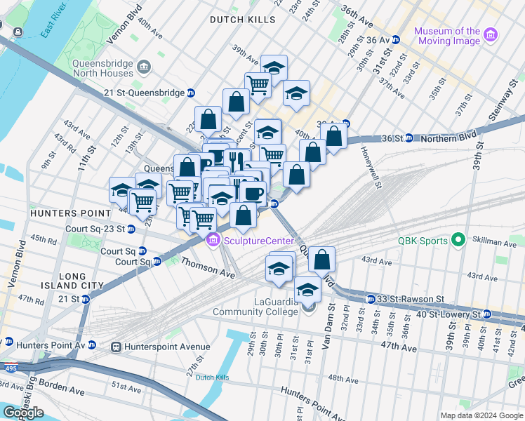 map of restaurants, bars, coffee shops, grocery stores, and more near in Queens