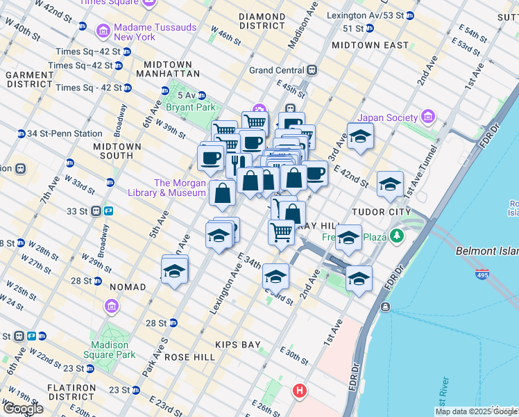 map of restaurants, bars, coffee shops, grocery stores, and more near 105 East 37th Street in New York
