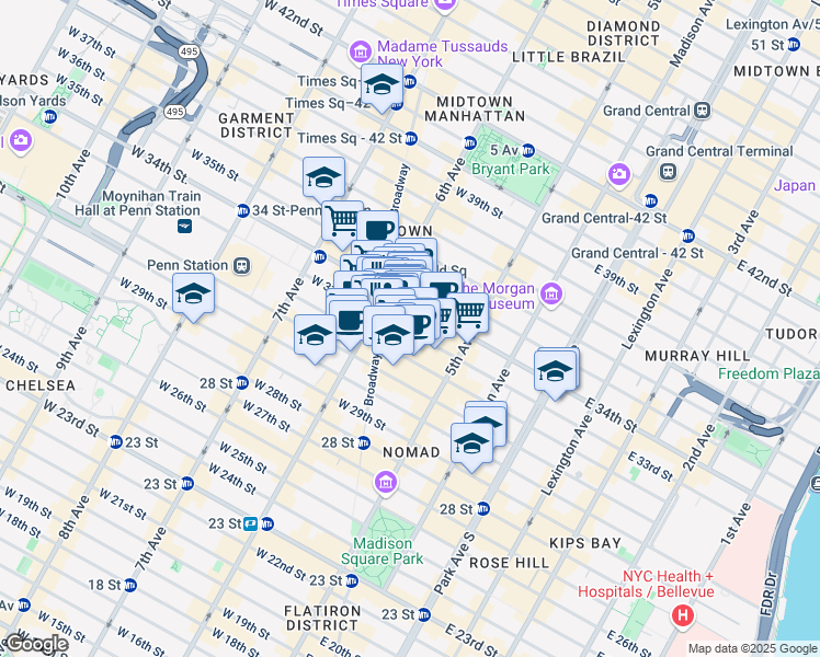 map of restaurants, bars, coffee shops, grocery stores, and more near 1270 Broadway in New York