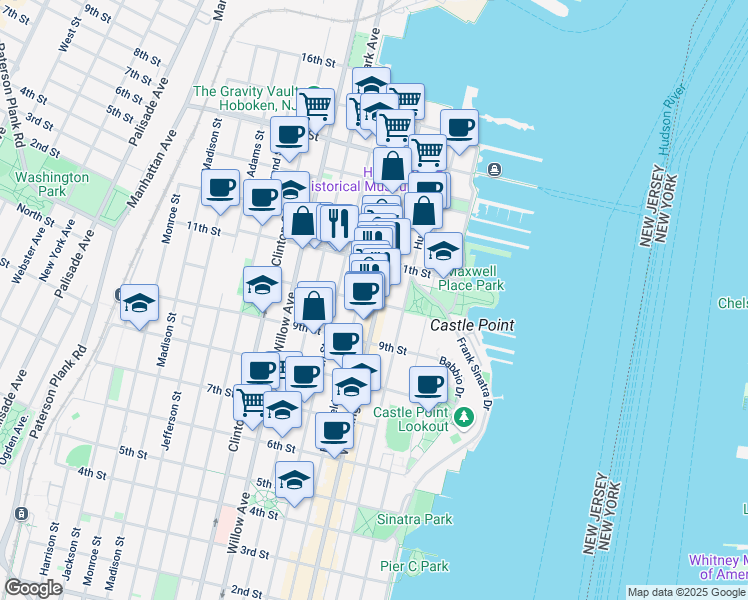 map of restaurants, bars, coffee shops, grocery stores, and more near 1011 Bloomfield Street in Hoboken