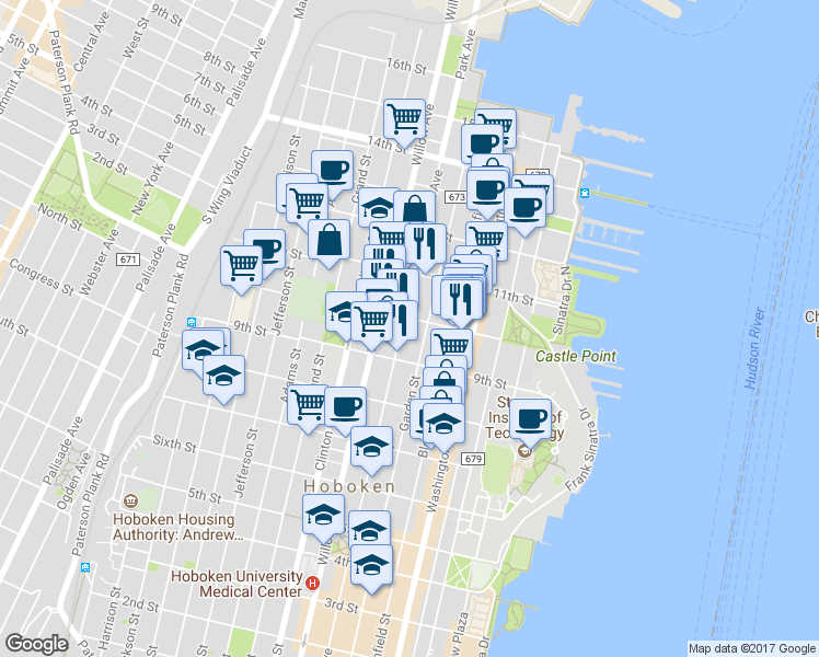 map of restaurants, bars, coffee shops, grocery stores, and more near 1000 Garden Street in Hoboken