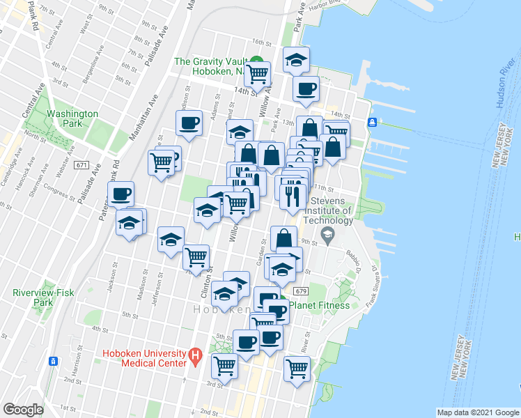 map of restaurants, bars, coffee shops, grocery stores, and more near 1000 Garden Street in Hoboken
