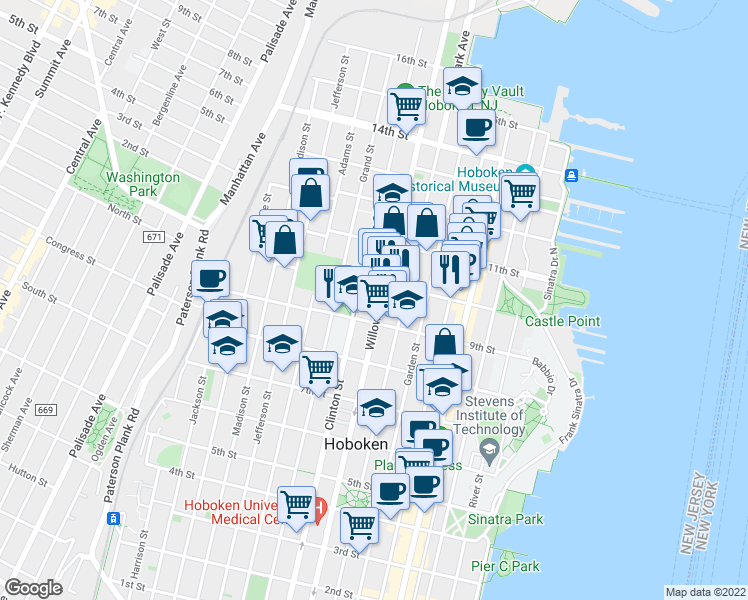 map of restaurants, bars, coffee shops, grocery stores, and more near 933 Willow Avenue in Hoboken
