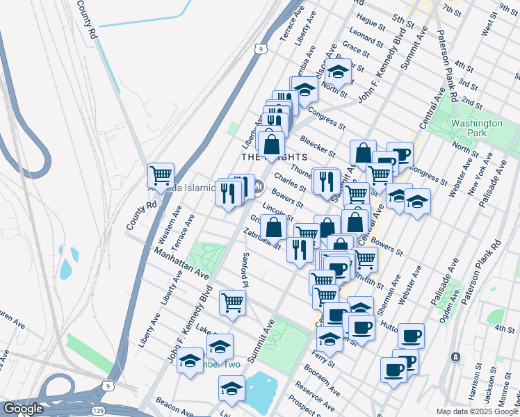 map of restaurants, bars, coffee shops, grocery stores, and more near 3418 John F. Kennedy Boulevard in Jersey City