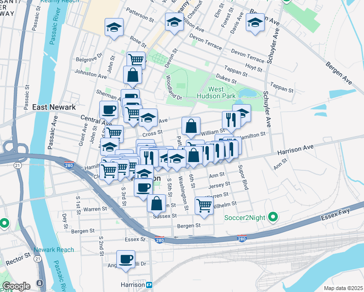 map of restaurants, bars, coffee shops, grocery stores, and more near 604 William Street in Harrison