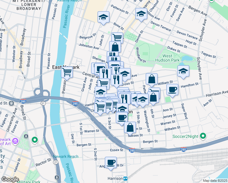 map of restaurants, bars, coffee shops, grocery stores, and more near 308 Frank E Rodgers Boulevard North in Harrison