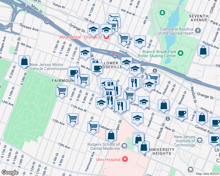 map of restaurants, bars, coffee shops, grocery stores, and more near 33 North 5th Street in Newark