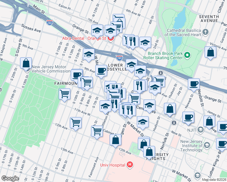 map of restaurants, bars, coffee shops, grocery stores, and more near 33 North 5th Street in Newark