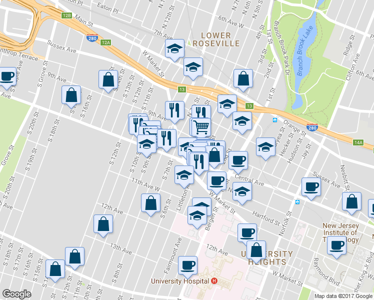 map of restaurants, bars, coffee shops, grocery stores, and more near 449 West Market Street in Newark