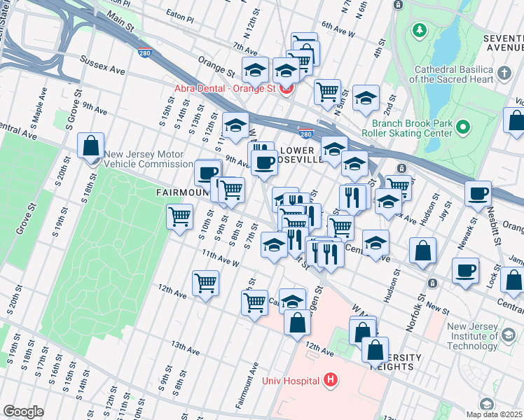 map of restaurants, bars, coffee shops, grocery stores, and more near 449 West Market Street in Newark
