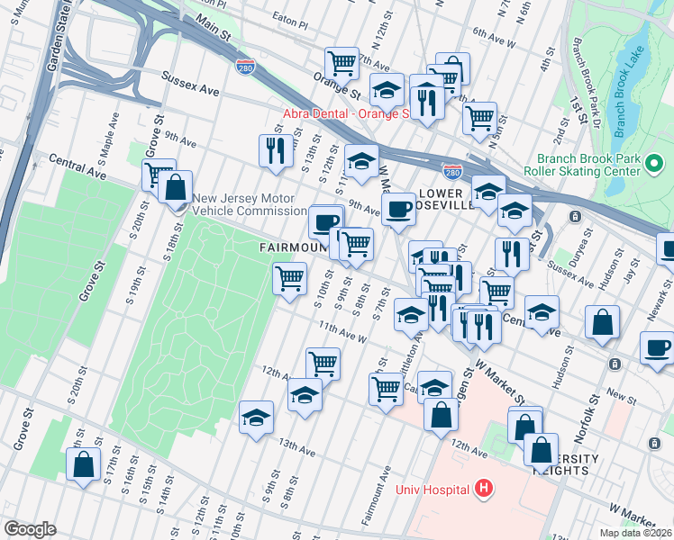 map of restaurants, bars, coffee shops, grocery stores, and more near 535 Central Avenue in Newark