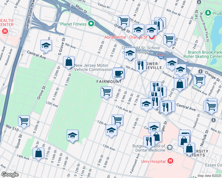 map of restaurants, bars, coffee shops, grocery stores, and more near 556 Central Avenue in Newark