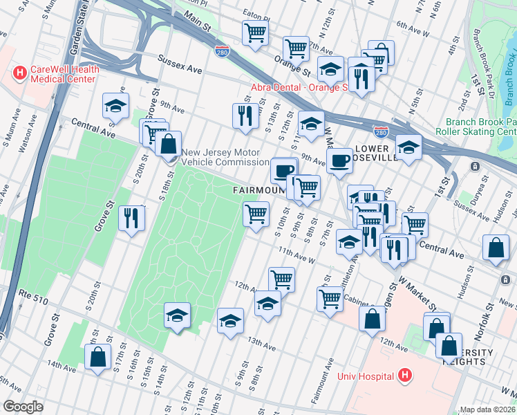map of restaurants, bars, coffee shops, grocery stores, and more near in Newark