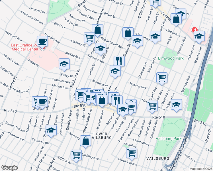 map of restaurants, bars, coffee shops, grocery stores, and more near 507 South Clinton Street in East Orange