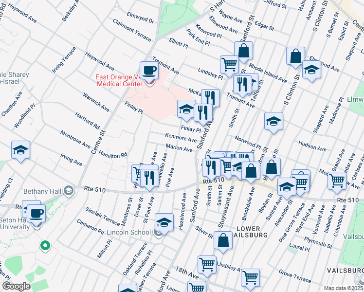 map of restaurants, bars, coffee shops, grocery stores, and more near 42 Kenmore Avenue in Newark