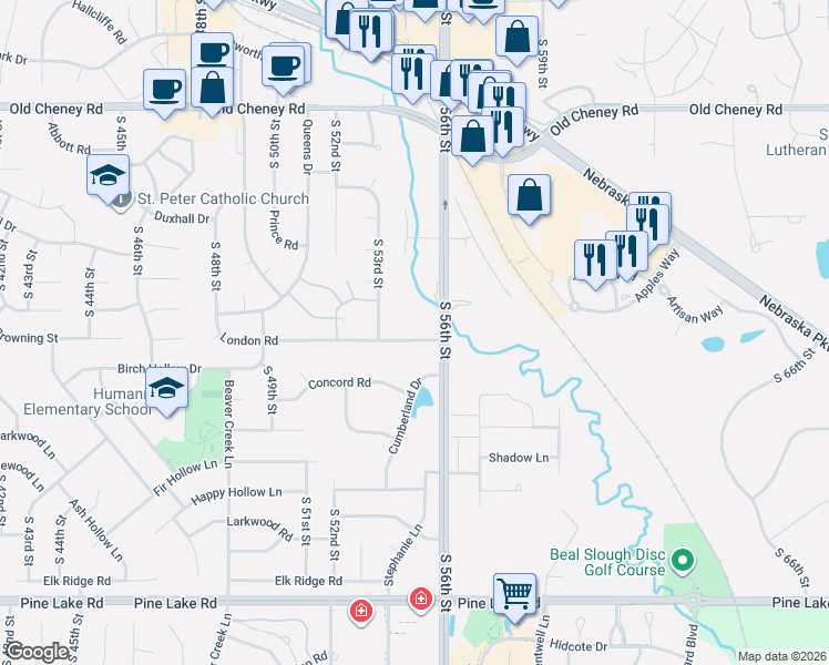 map of restaurants, bars, coffee shops, grocery stores, and more near 6355 South 56th Street in Lincoln