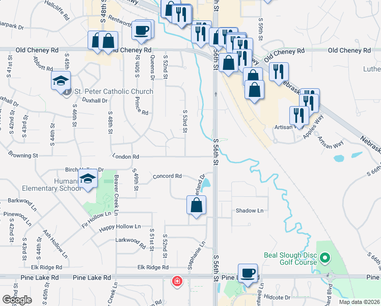 map of restaurants, bars, coffee shops, grocery stores, and more near 6320 South 53rd Street in Lincoln