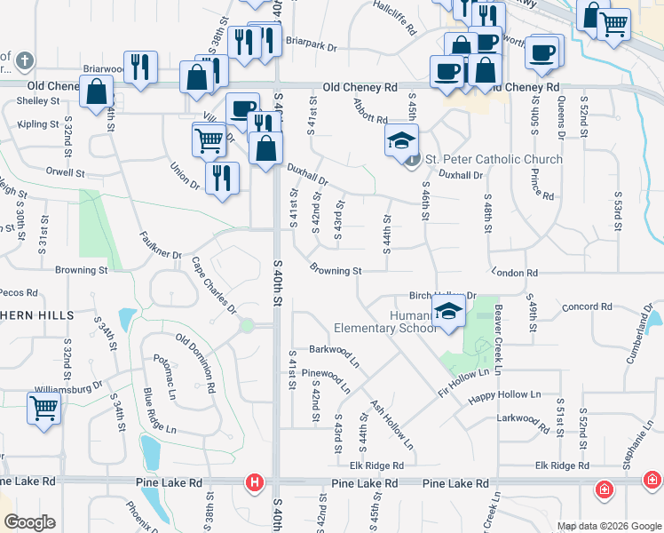 map of restaurants, bars, coffee shops, grocery stores, and more near 4307 Bingham Circle in Lincoln