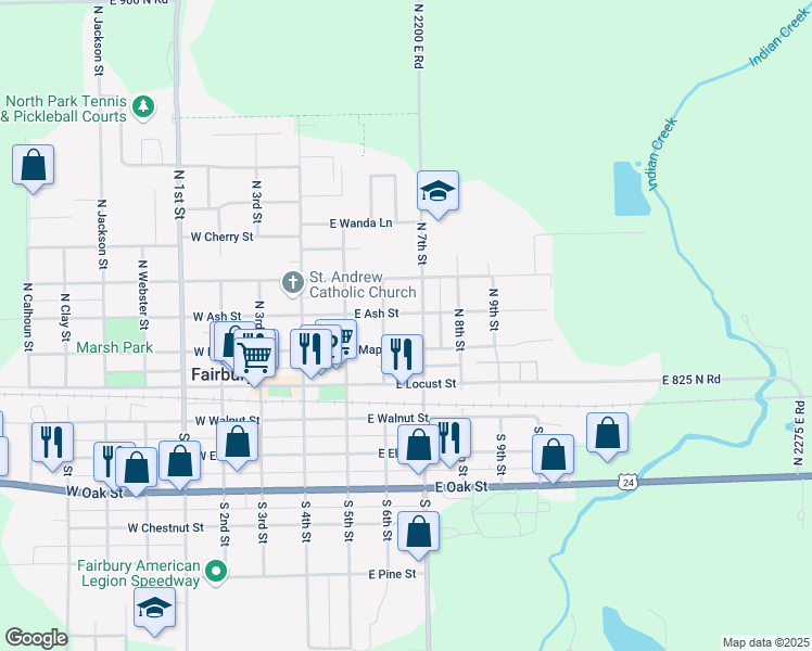 map of restaurants, bars, coffee shops, grocery stores, and more near 409 East Ash Street in Fairbury
