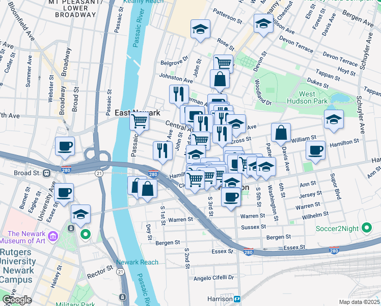 map of restaurants, bars, coffee shops, grocery stores, and more near 319 North 2nd Street in Harrison