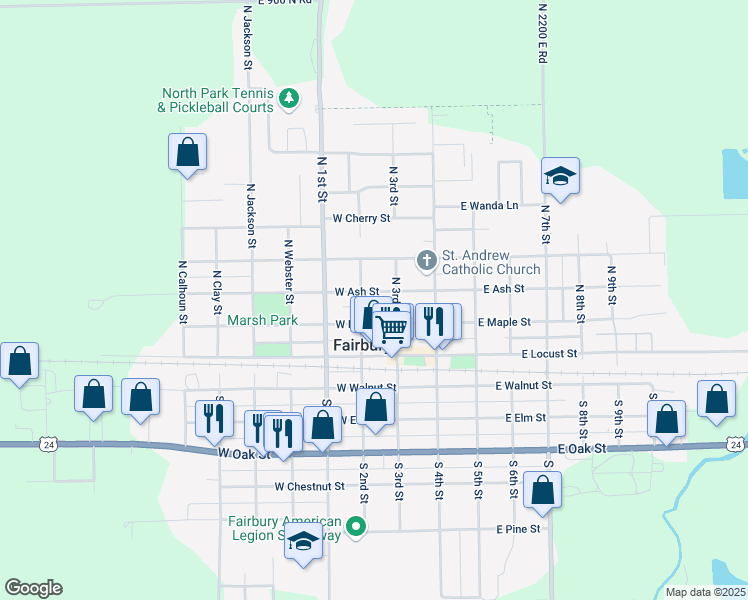 map of restaurants, bars, coffee shops, grocery stores, and more near 200 West Ash Street in Fairbury