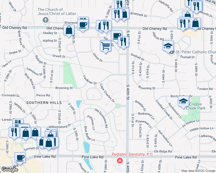 map of restaurants, bars, coffee shops, grocery stores, and more near 3731 Faulkner Drive in Lincoln
