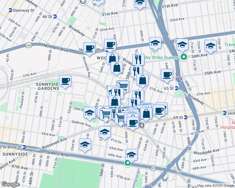 map of restaurants, bars, coffee shops, grocery stores, and more near 57-35 38th Avenue in Queens