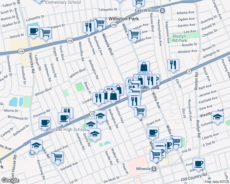 map of restaurants, bars, coffee shops, grocery stores, and more near 308 Burkhard Avenue in Mineola