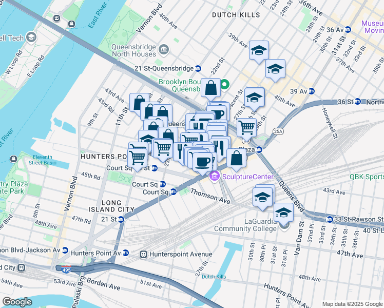 map of restaurants, bars, coffee shops, grocery stores, and more near 24-02 43rd Avenue in Queens