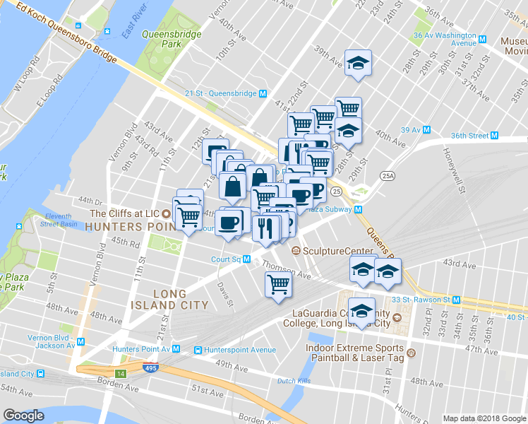 map of restaurants, bars, coffee shops, grocery stores, and more near 24-02 43rd Avenue in Queens