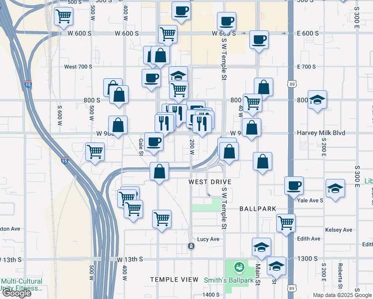 map of restaurants, bars, coffee shops, grocery stores, and more near 936 South 200 West in Salt Lake City