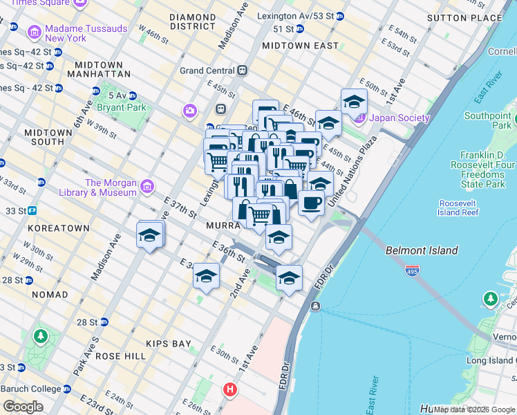 map of restaurants, bars, coffee shops, grocery stores, and more near 225 East 39th Street in New York