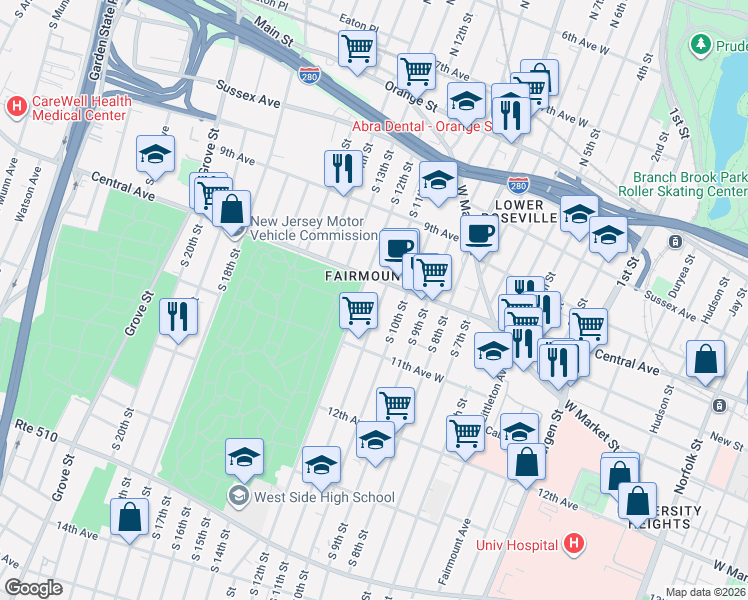 map of restaurants, bars, coffee shops, grocery stores, and more near 556 Central Avenue in Newark