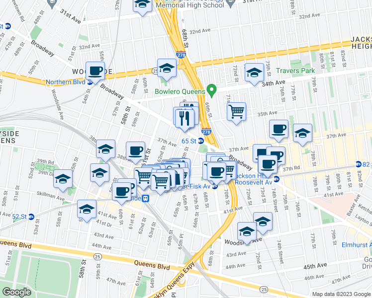 map of restaurants, bars, coffee shops, grocery stores, and more near 35-52 64th Street in Queens