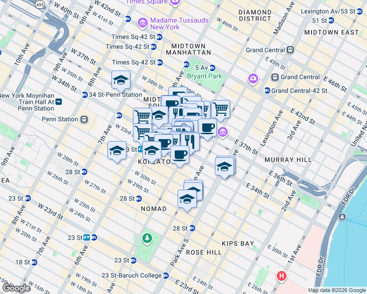 map of restaurants, bars, coffee shops, grocery stores, and more near 350 5th Avenue in New York