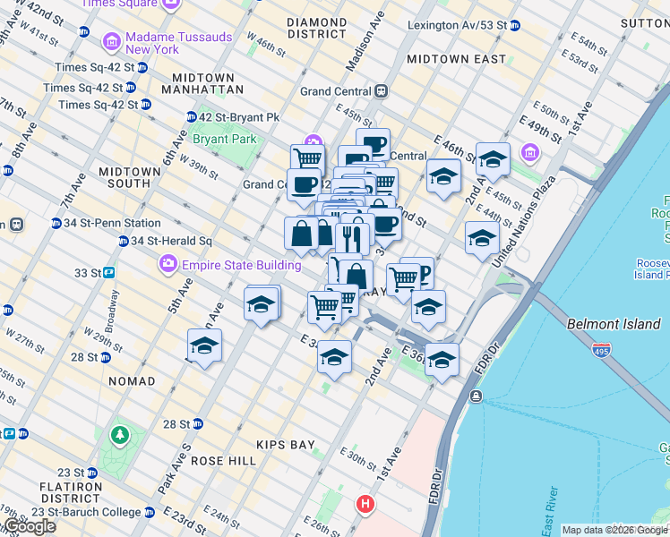 map of restaurants, bars, coffee shops, grocery stores, and more near 138 East 39th Street in New York