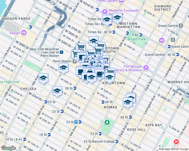 map of restaurants, bars, coffee shops, grocery stores, and more near 144 West 32nd Street in New York
