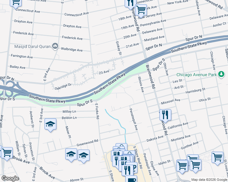 map of restaurants, bars, coffee shops, grocery stores, and more near 19 Pinebrook Place in Bay Shore