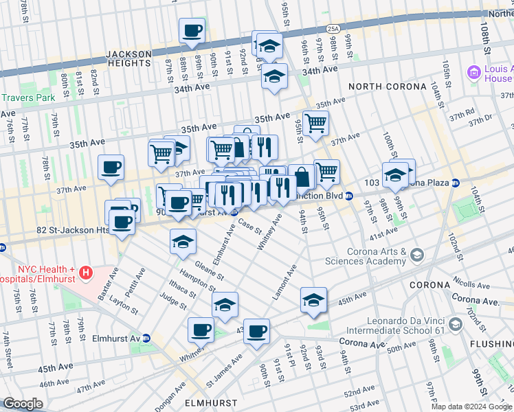 map of restaurants, bars, coffee shops, grocery stores, and more near 37-60 92nd Street in Queens