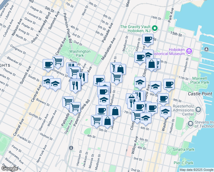map of restaurants, bars, coffee shops, grocery stores, and more near 830 Monroe Street in Hoboken