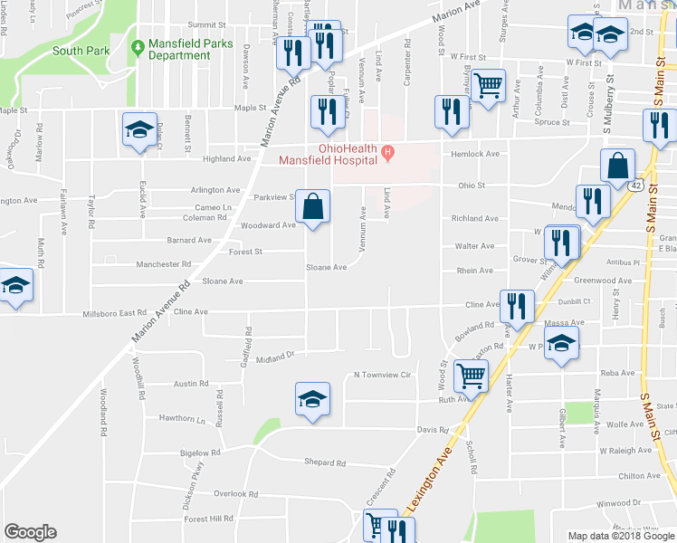 map of restaurants, bars, coffee shops, grocery stores, and more near 401 Sloane Avenue in Mansfield