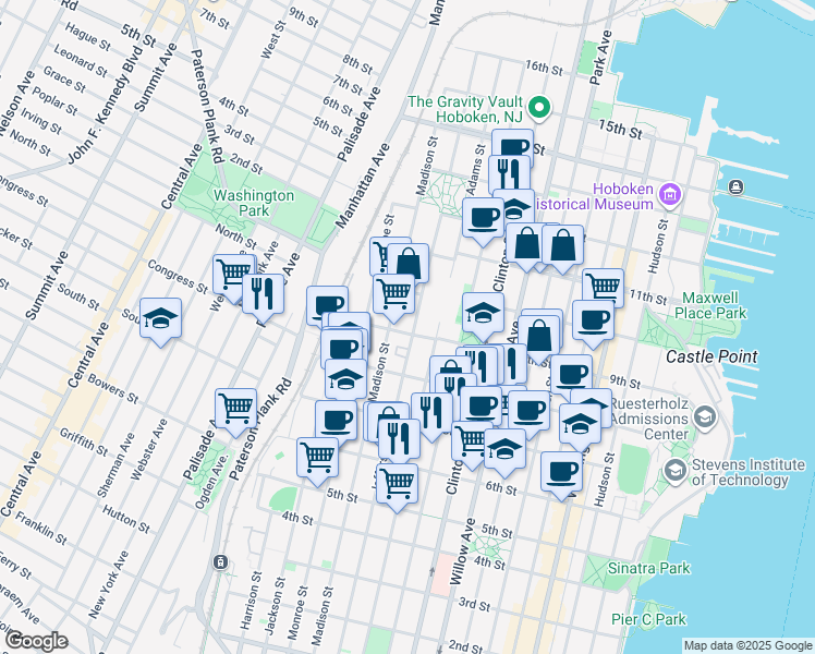 map of restaurants, bars, coffee shops, grocery stores, and more near 904 Jefferson Street in Hoboken