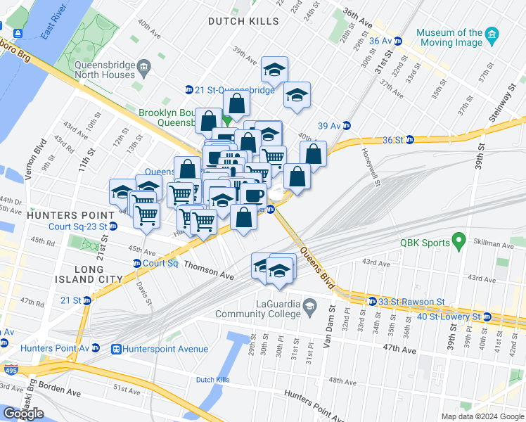 map of restaurants, bars, coffee shops, grocery stores, and more near in Queens