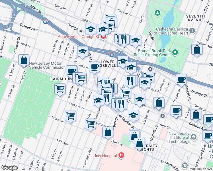 map of restaurants, bars, coffee shops, grocery stores, and more near 33 North 5th Street in Newark