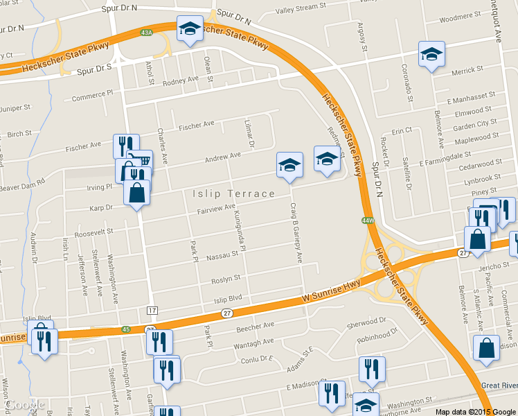 map of restaurants, bars, coffee shops, grocery stores, and more near 74 Fairview Avenue in Islip Terrace