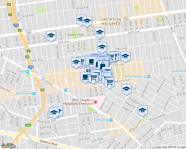 map of restaurants, bars, coffee shops, grocery stores, and more near 37-28 80th Street in Queens