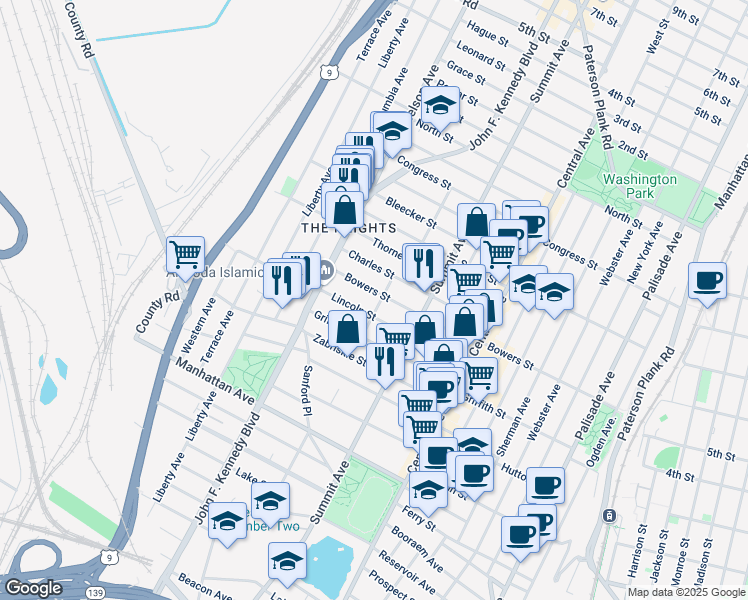 map of restaurants, bars, coffee shops, grocery stores, and more near 235 Bowers Street in Jersey City