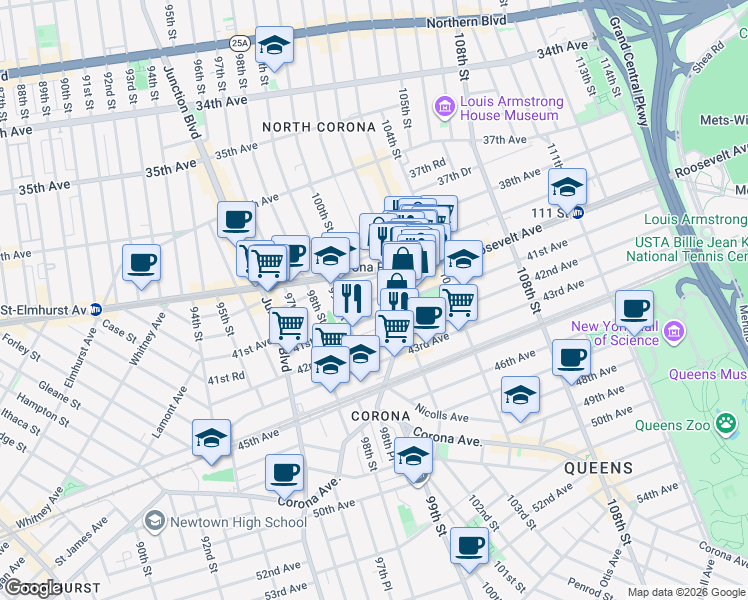 map of restaurants, bars, coffee shops, grocery stores, and more near 100-06 40th Road in Queens