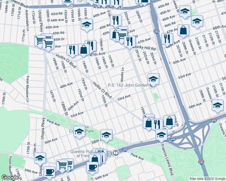 map of restaurants, bars, coffee shops, grocery stores, and more near 196-37 51st Avenue in Queens
