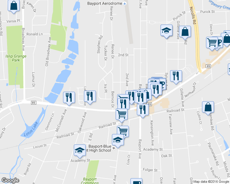 map of restaurants, bars, coffee shops, grocery stores, and more near 383 Bernice Drive in Bayport